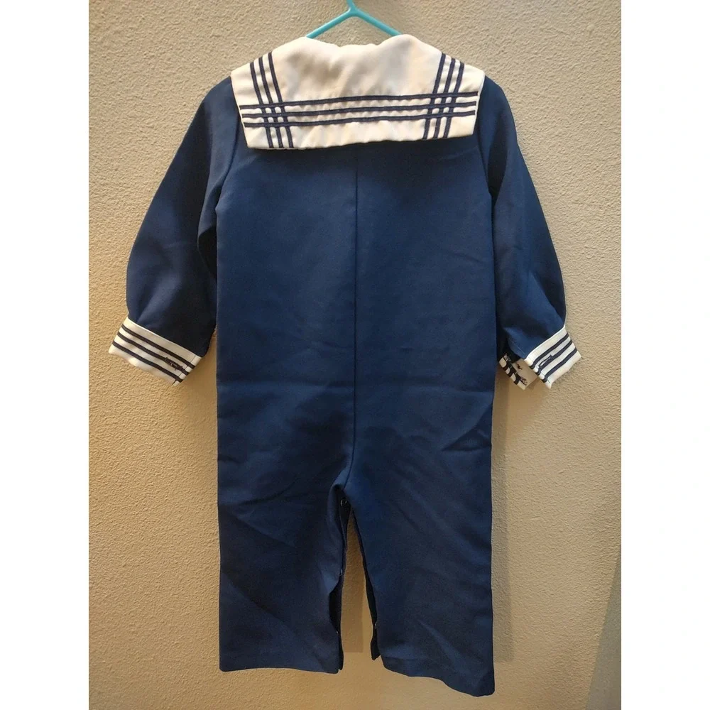 Vtg Sears Sailor Suit Infant Large Navy Blue and White Red Neck Tie Snap Crotch